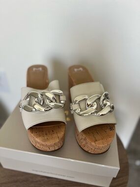 Marc Fisher Ivory Leather Cork Platform Slide Wedges with Chain Detail